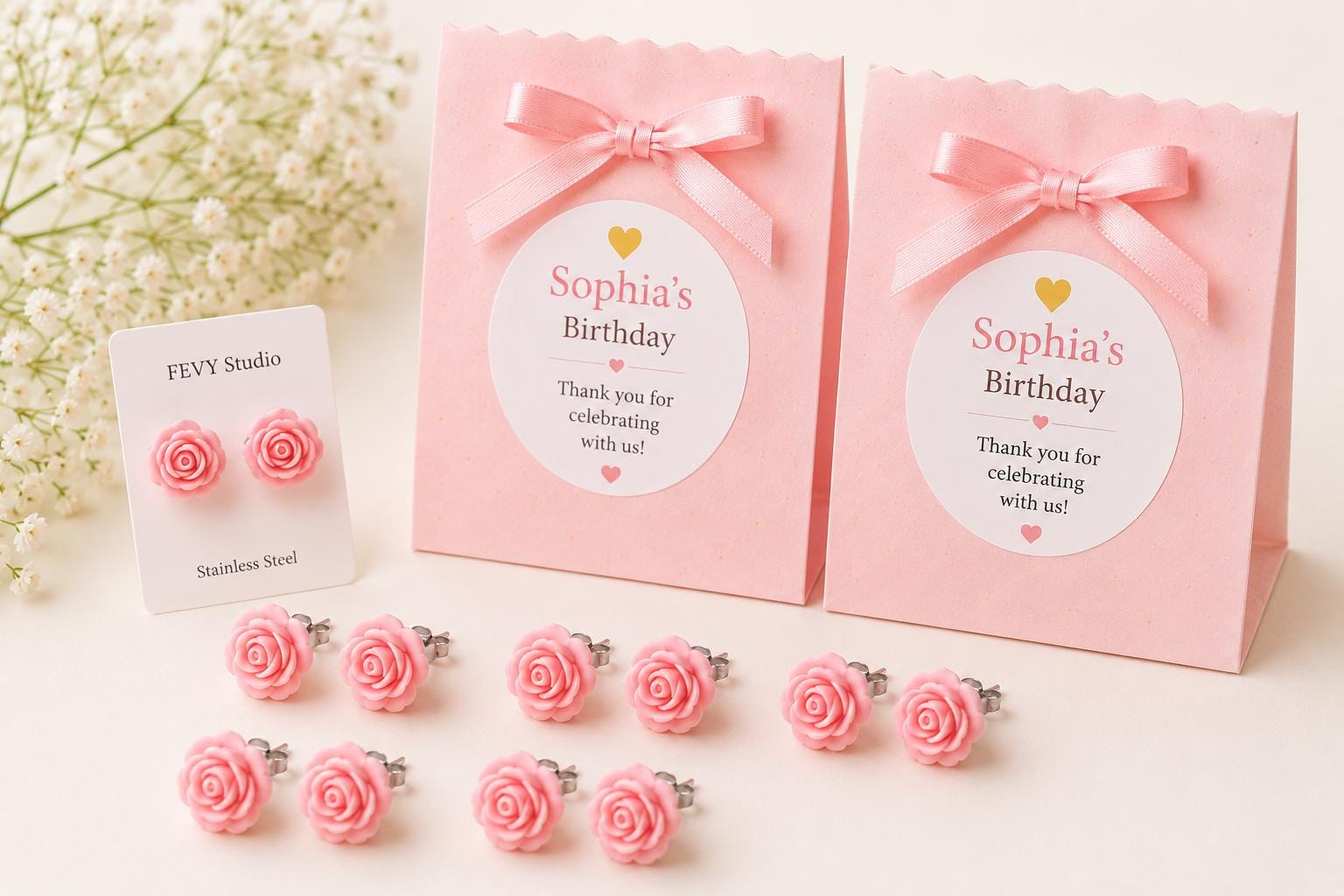 Personalized Rose Stud Earrings | Polymer Clay Party Favors, Stainless Steel Posts