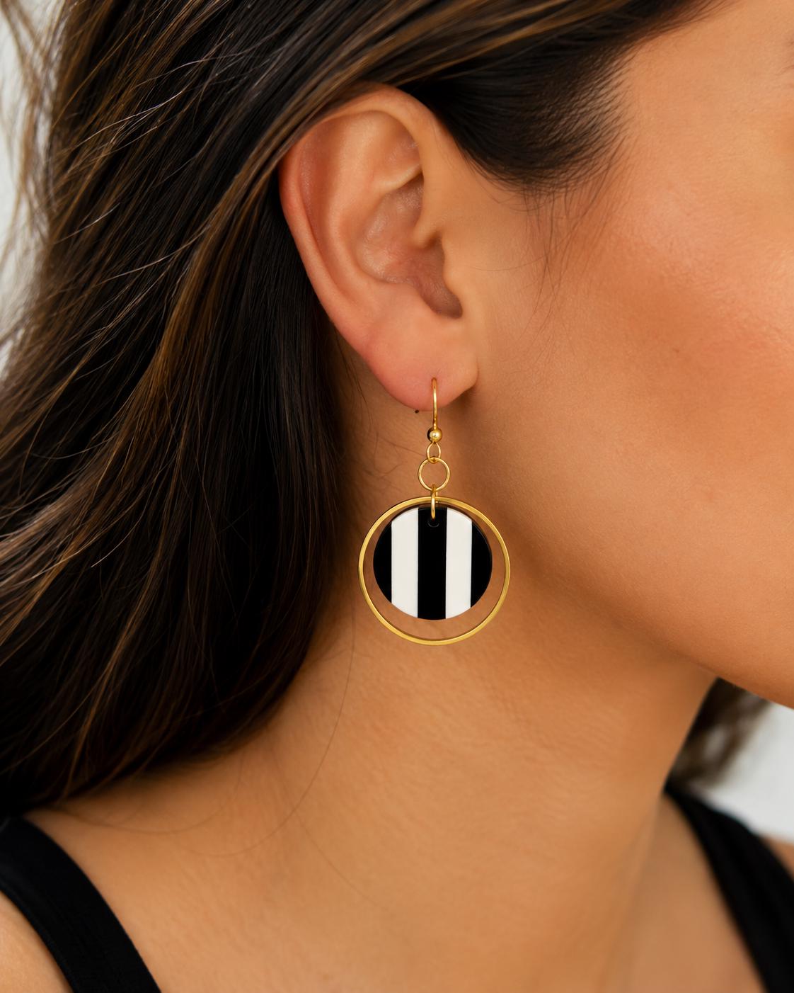 Black White Stripe Polymer Clay Earrings, 18K Gold Plated Geometric Hoops