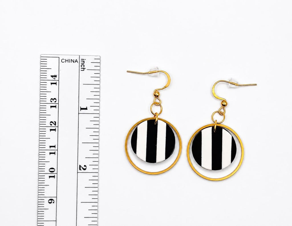 Black White Stripe Polymer Clay Earrings, 18K Gold Plated Geometric Hoops