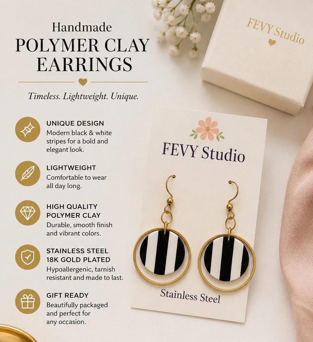 Black White Stripe Polymer Clay Earrings, 18K Gold Plated Geometric Hoops