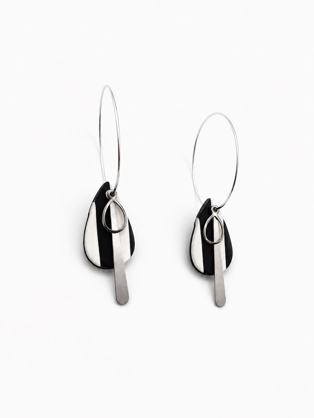 Handmade Black White Geometric Polymer Clay Earrings, Lightweight Dangle Jewelry