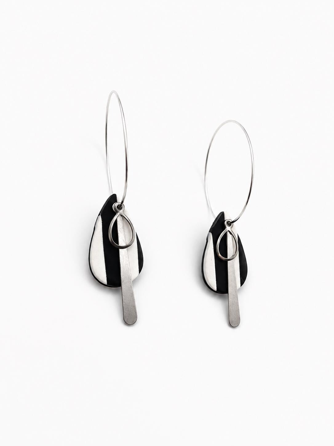 Handmade Black White Geometric Polymer Clay Earrings, Lightweight Dangle Jewelry