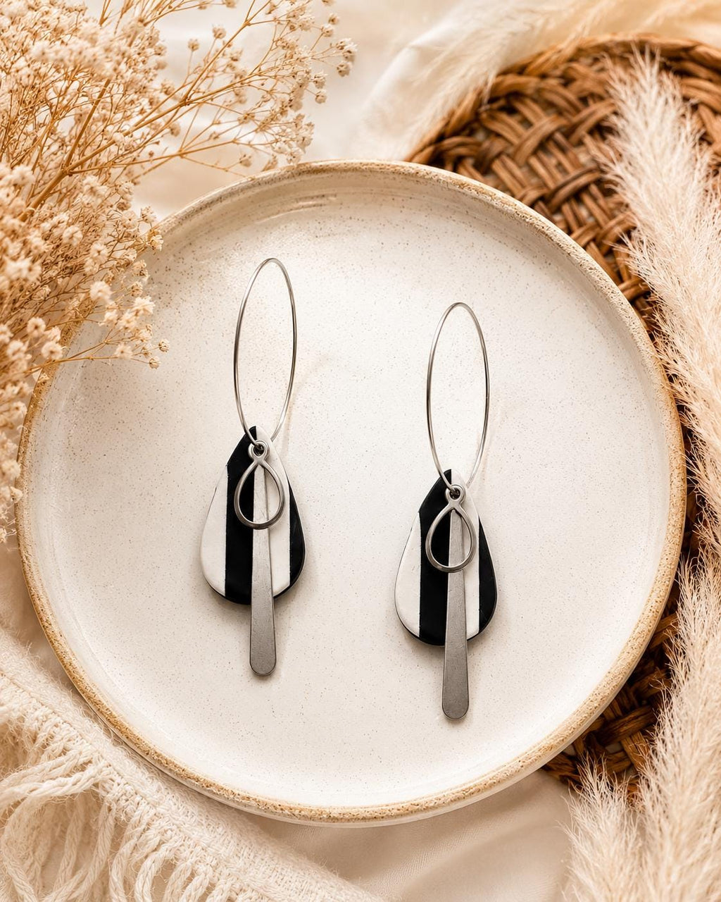 Handmade Black White Geometric Polymer Clay Earrings, Lightweight Dangle Jewelry
