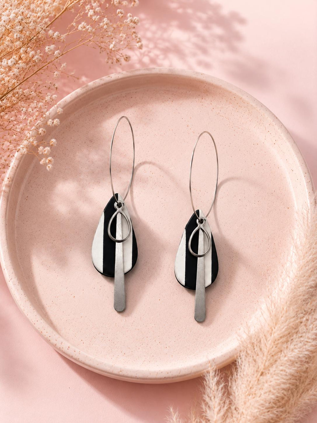 Handmade Black White Geometric Polymer Clay Earrings, Modern Statement Jewelry