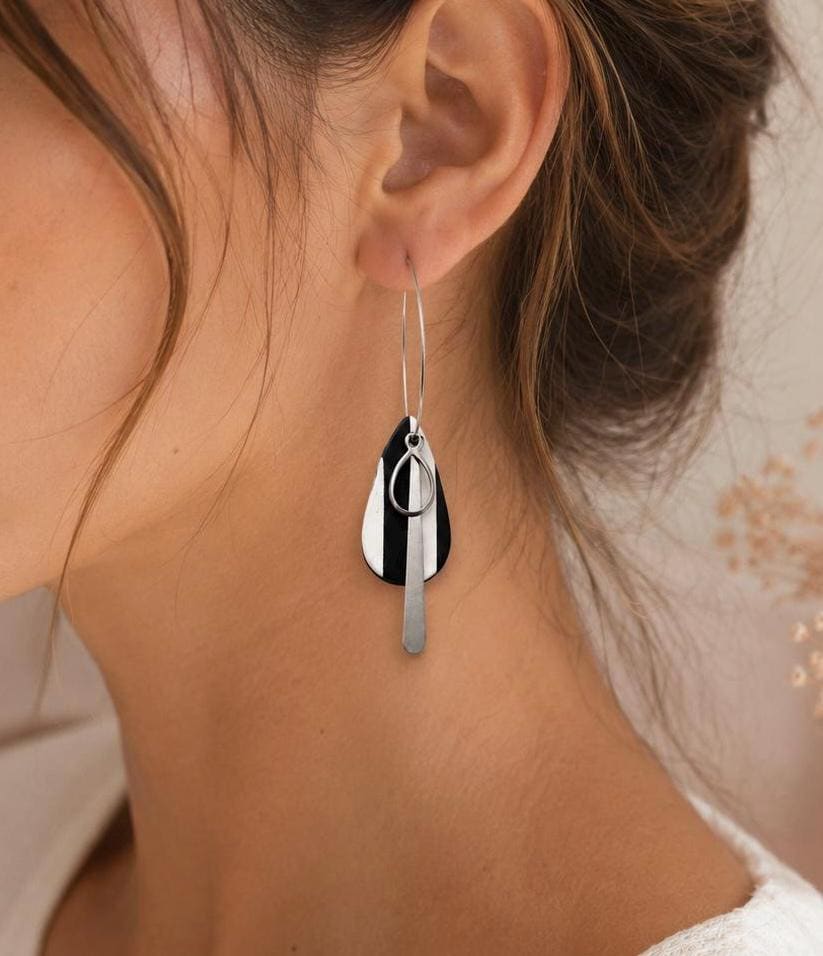 Handmade Black White Geometric Polymer Clay Earrings, Lightweight Dangle Jewelry