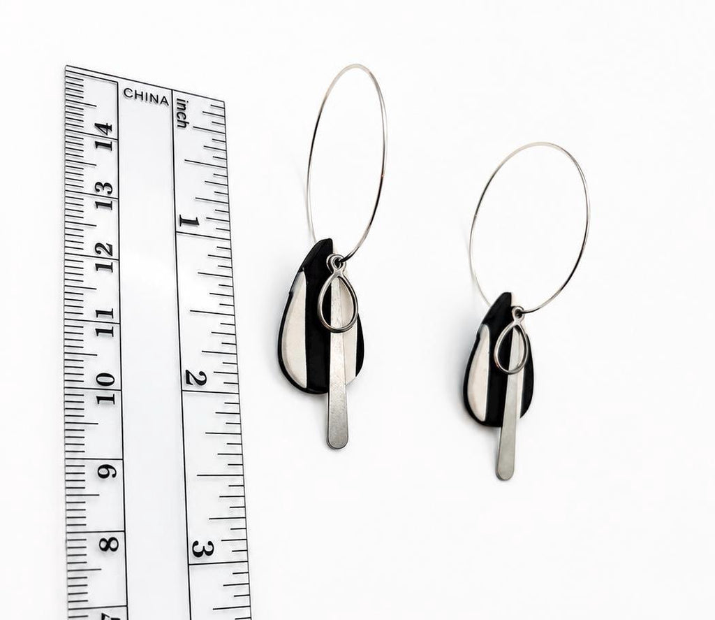 Handmade Black White Geometric Polymer Clay Earrings, Lightweight Dangle Jewelry