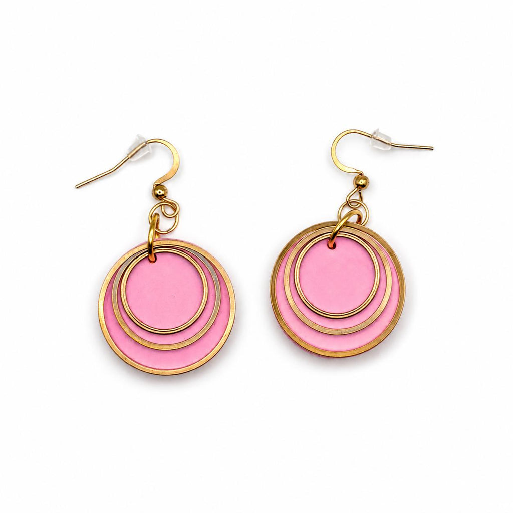 Pink Polymer Clay Earrings, Gold Layered Circles, Lightweight Dangle, Stainless Steel Hooks