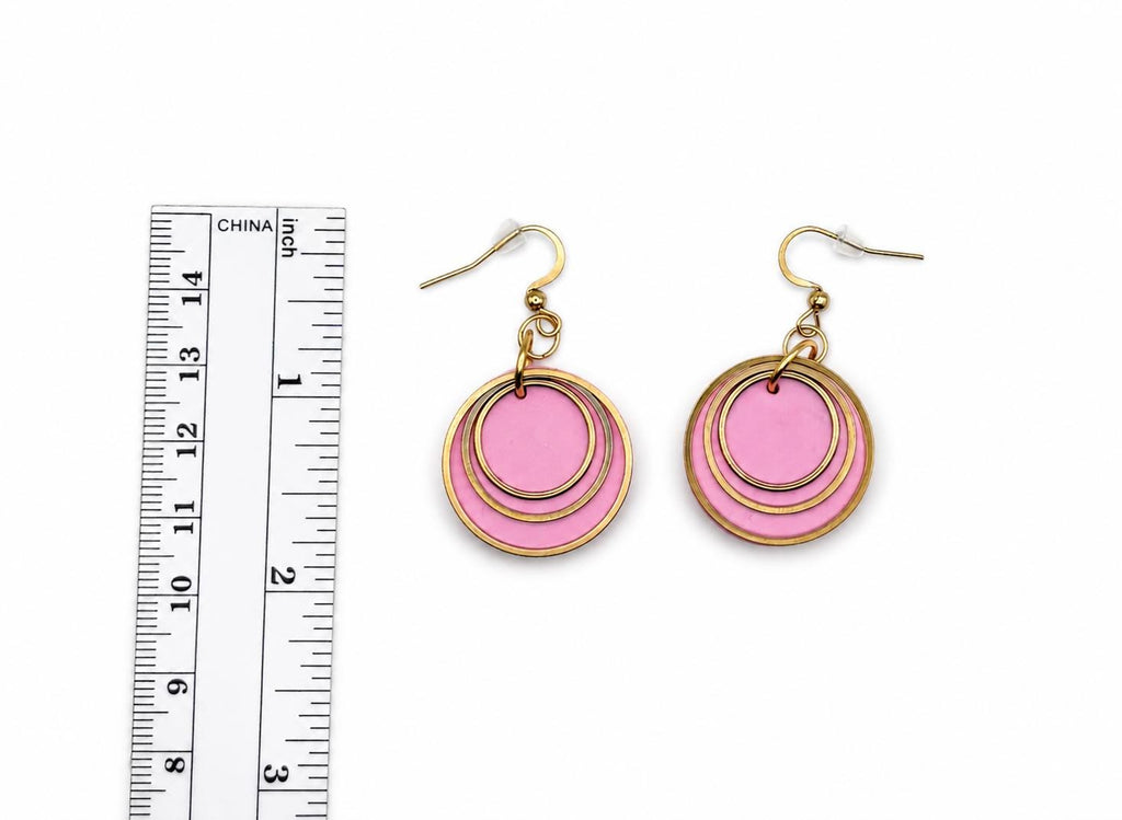 Pink Polymer Clay Earrings, Gold Layered Circles, Lightweight Dangle, Stainless Steel Hooks