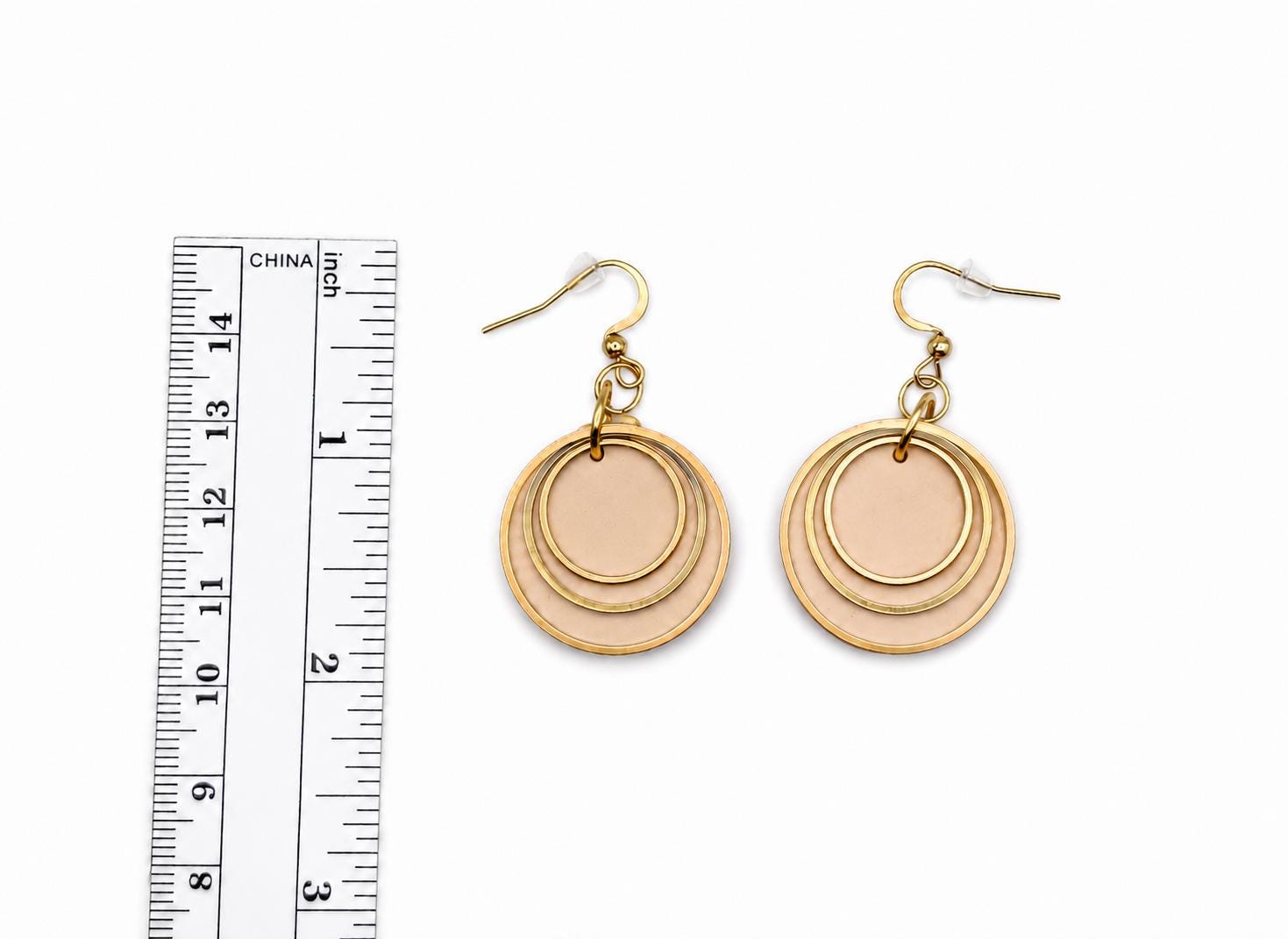 Beige Layered Circle Earrings, Boho Polymer Clay Dangle Jewelry, Lightweight Statement Accessory