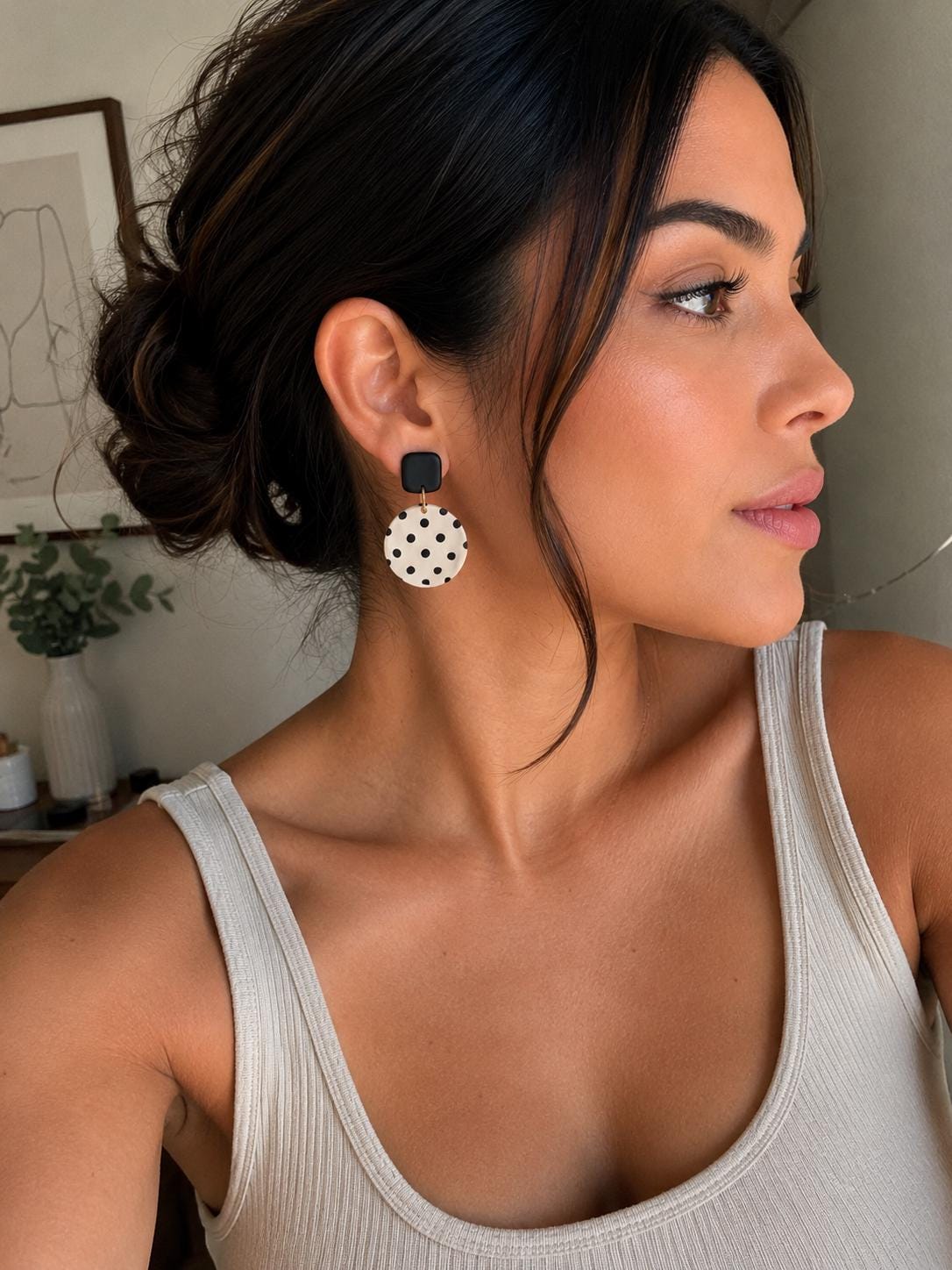 Handmade Black Ivory Polka Dot Polymer Clay Earrings | Minimalist Dangle Jewelry