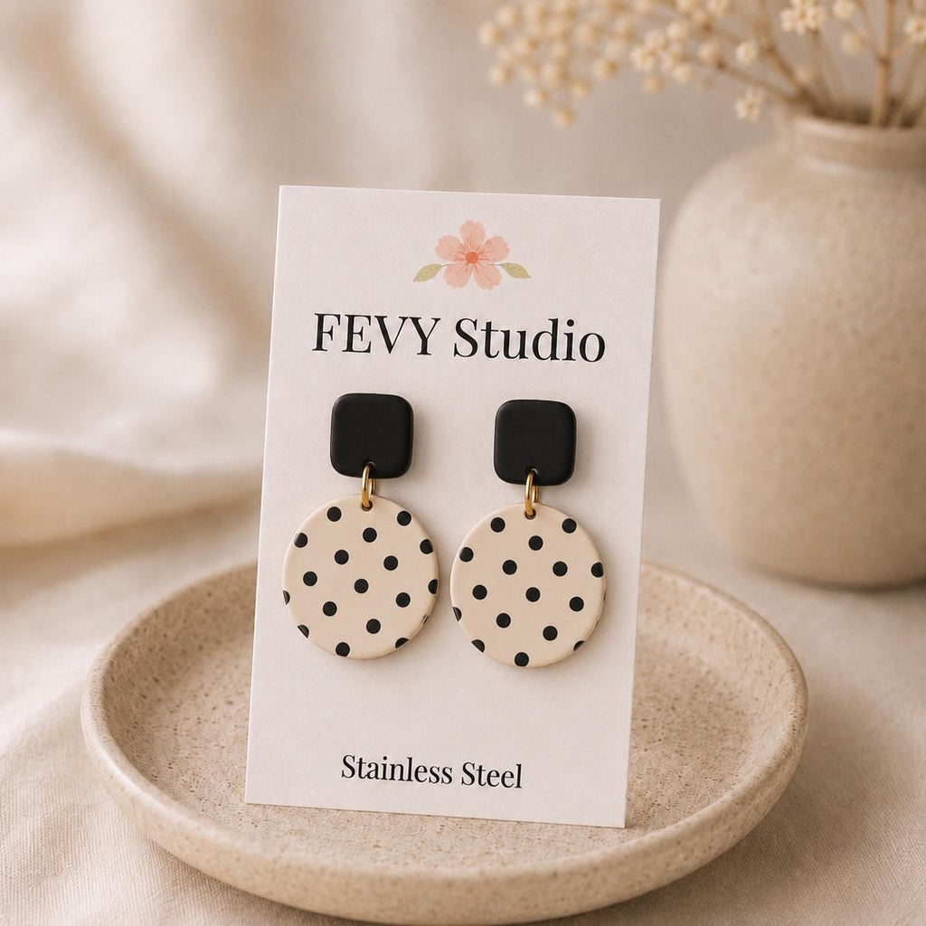 Handmade Black Ivory Polka Dot Polymer Clay Earrings | Minimalist Dangle Jewelry