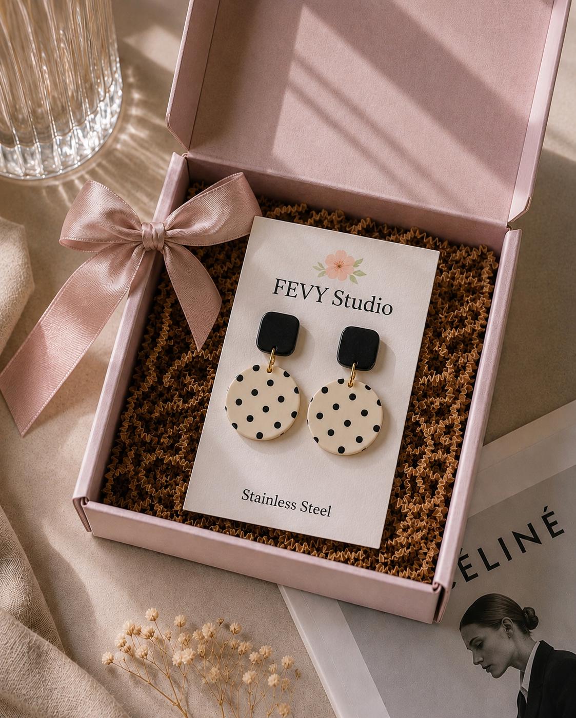 Handmade Black Ivory Polka Dot Polymer Clay Earrings | Minimalist Dangle Jewelry