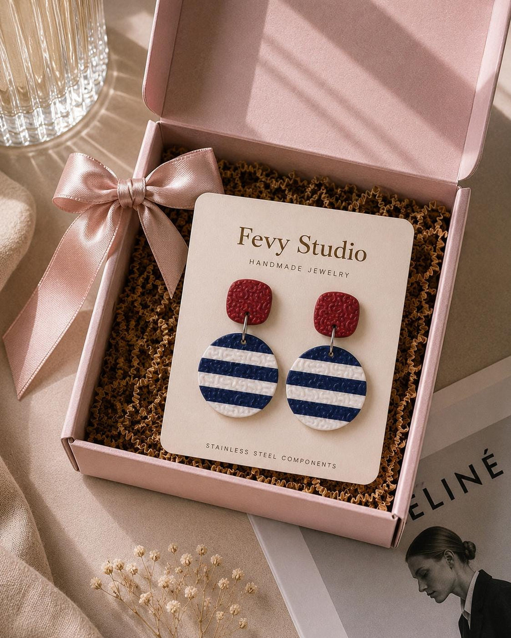Nautical Stripe Polymer Clay Dangle Earrings, Textured Coastal Statement Jewelry