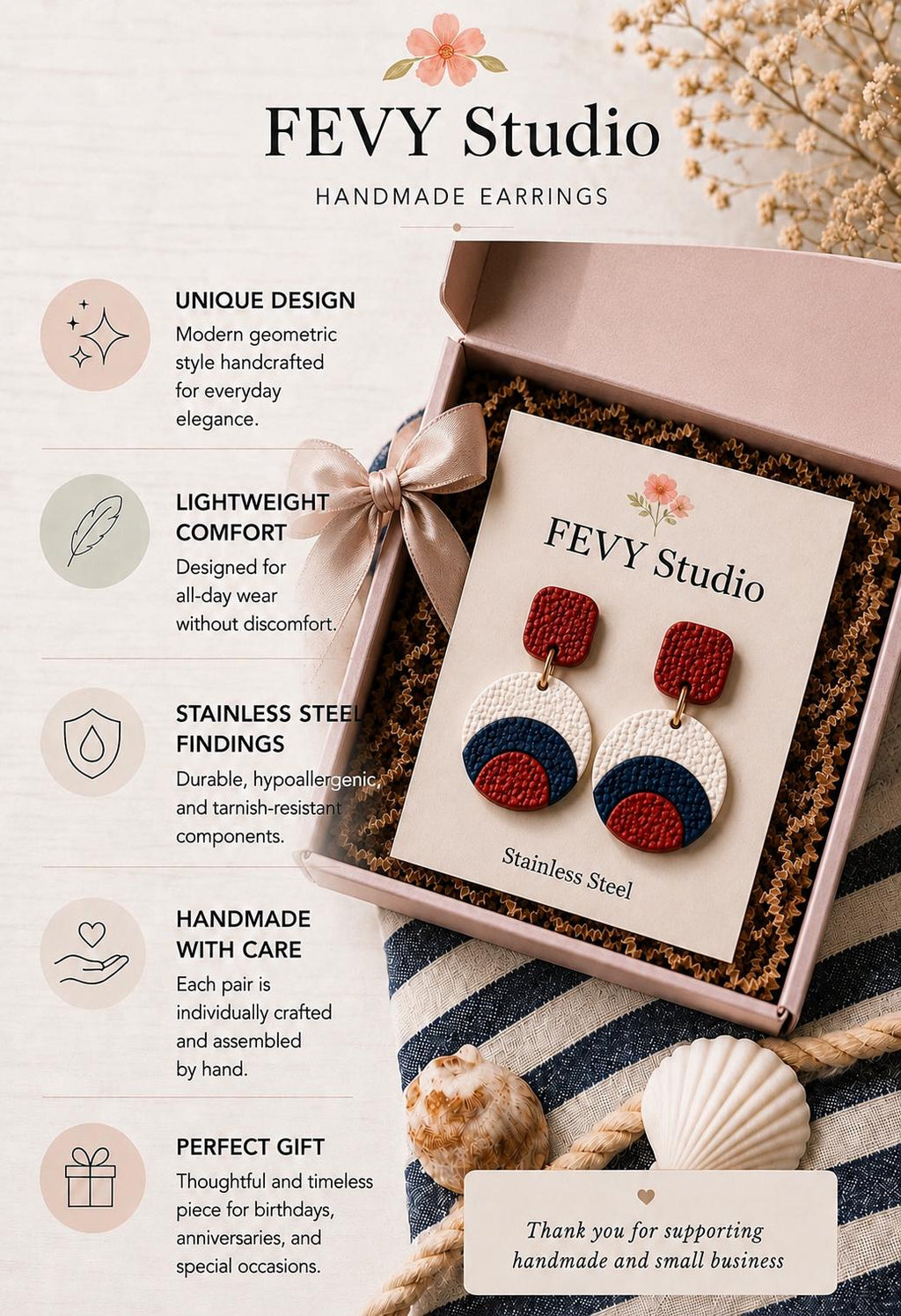 Textured Polymer Clay Statement Earrings | Red, White, Blue Coastal Dangle Jewelry