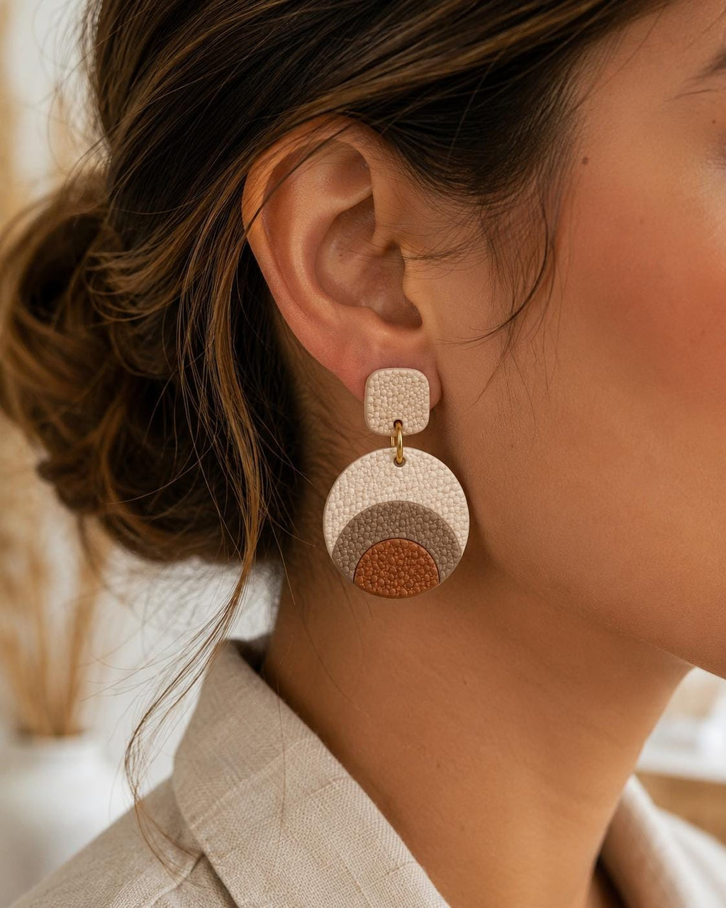 Handmade Neutral Geometric Polymer Clay Earrings, Boho Dangle Statement Jewelry