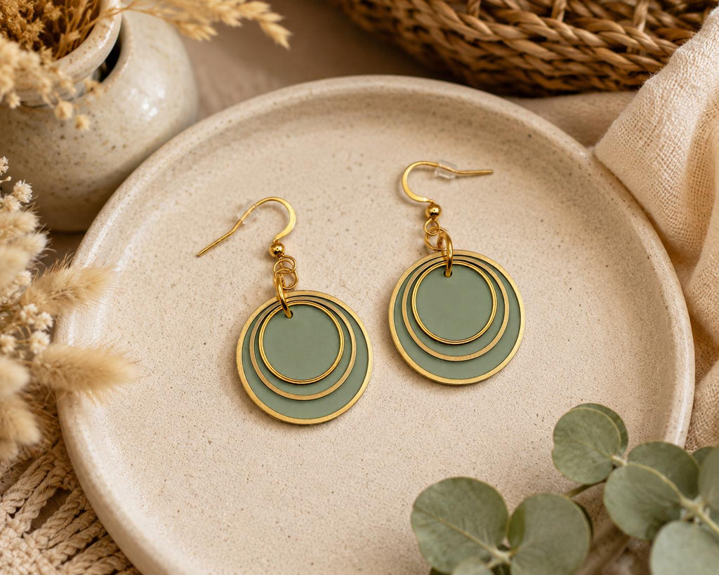 Green Layered Circle Earrings, Boho Polymer Clay Dangle Jewelry, Lightweight Statement Accessory