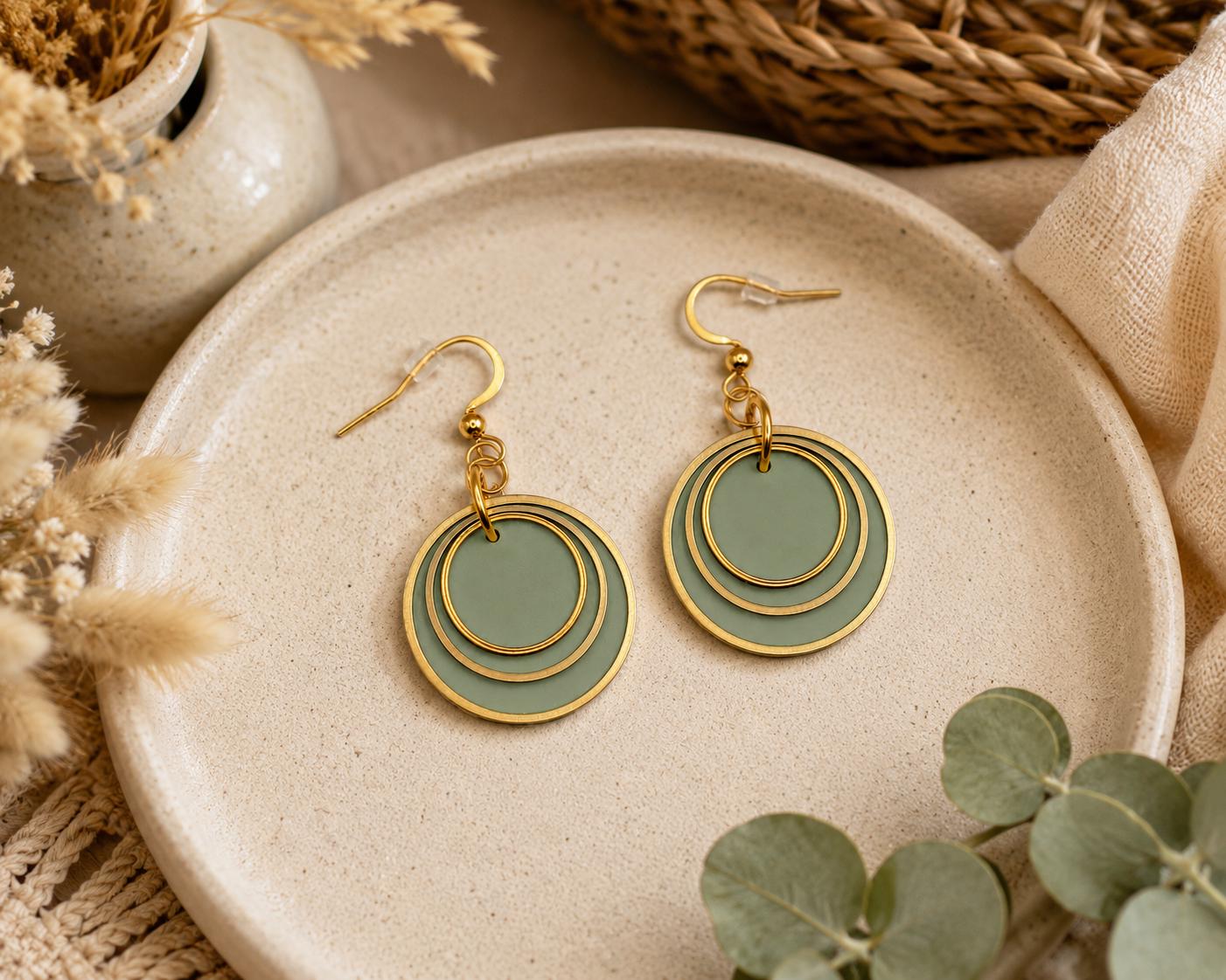 Green Layered Circle Earrings, Boho Polymer Clay Dangle Jewelry, Lightweight Statement Accessory