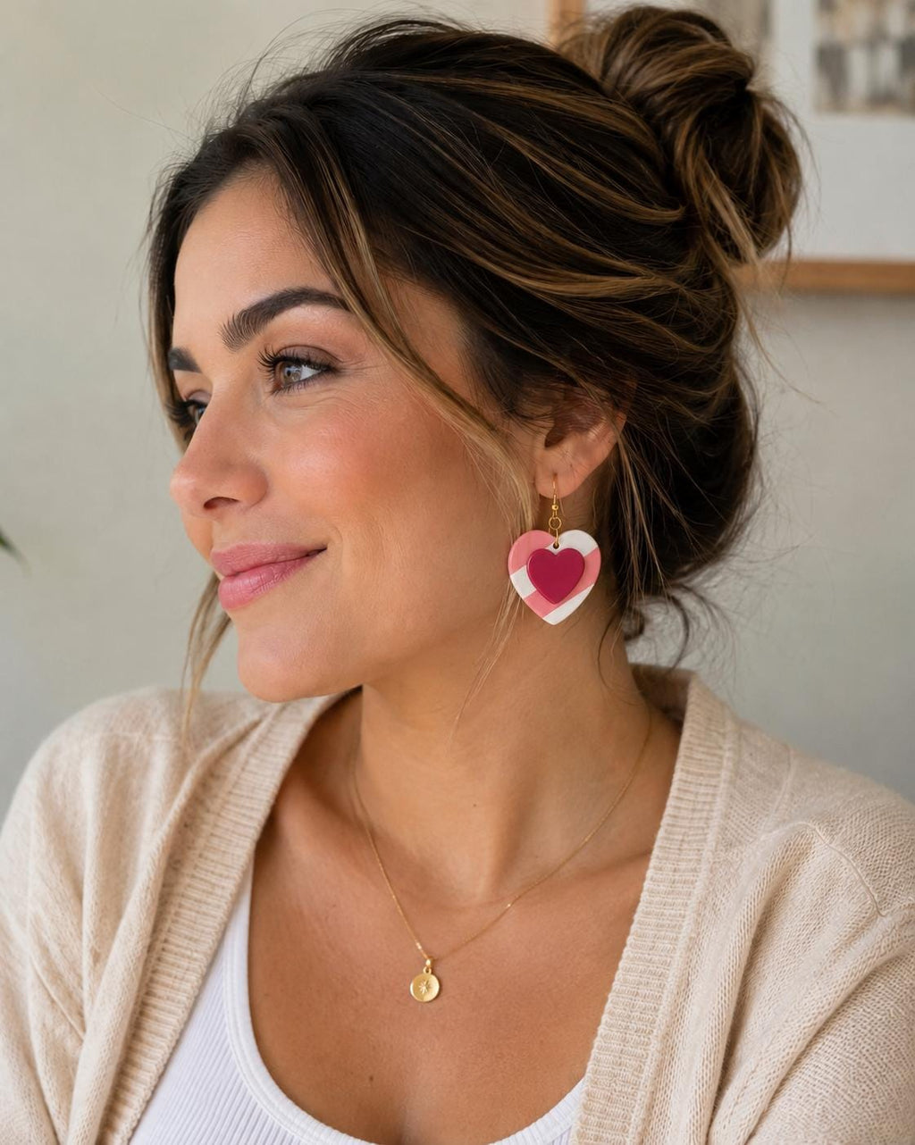 Pink Heart Dangle Earrings, Layered Polymer Clay, 18K Gold Plated Hooks