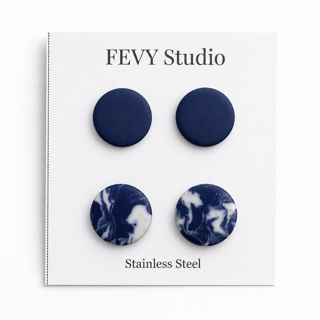 Handmade Navy Blue Marbled Polymer Clay Stud Earrings, Minimalist Chic Set
