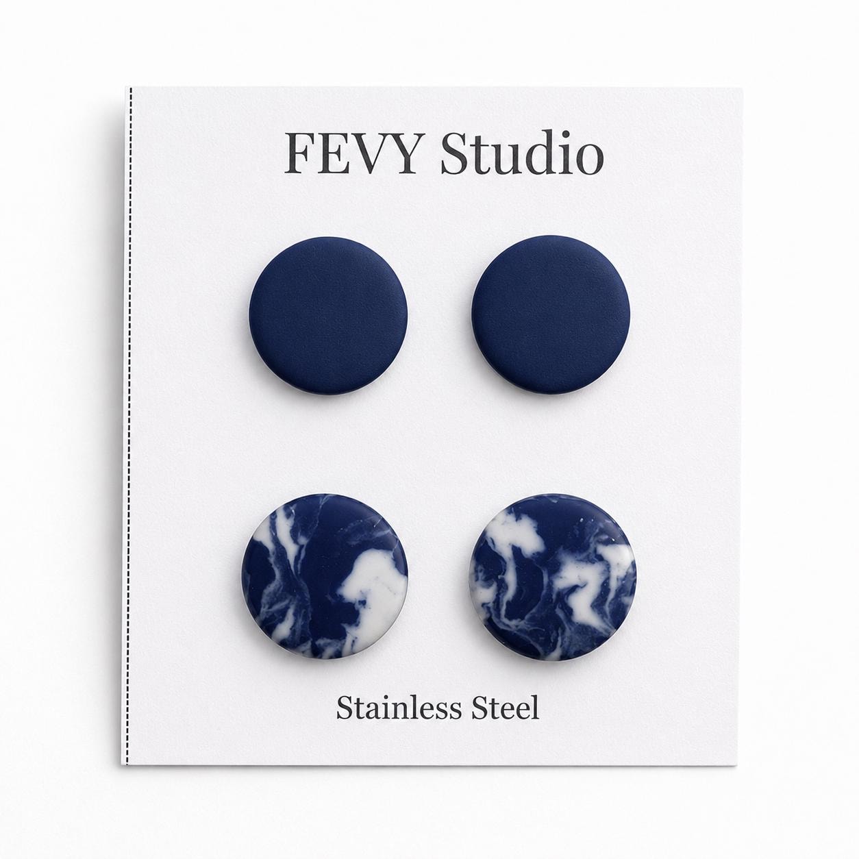 Handmade Navy Blue Marbled Polymer Clay Stud Earrings, Minimalist Chic Set