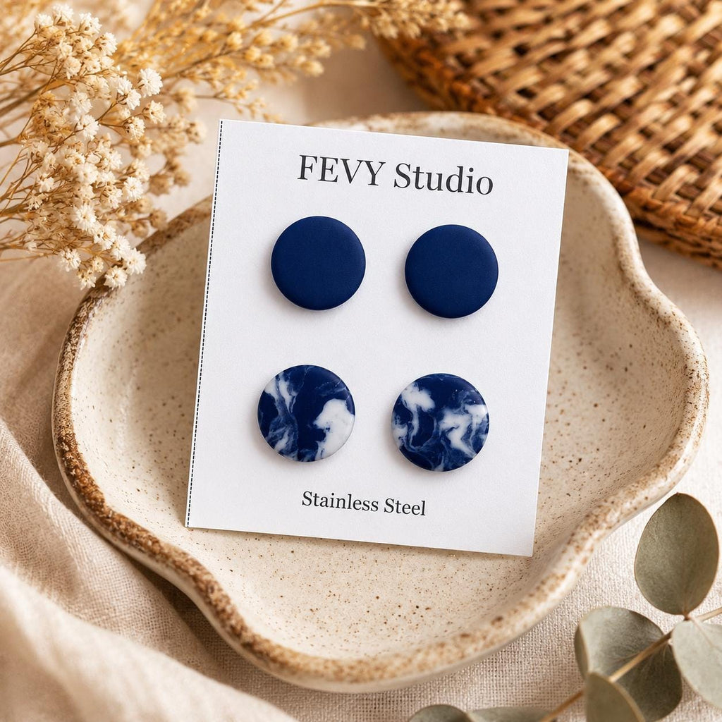 Handmade Navy Blue Marbled Polymer Clay Stud Earrings, Minimalist Chic Set