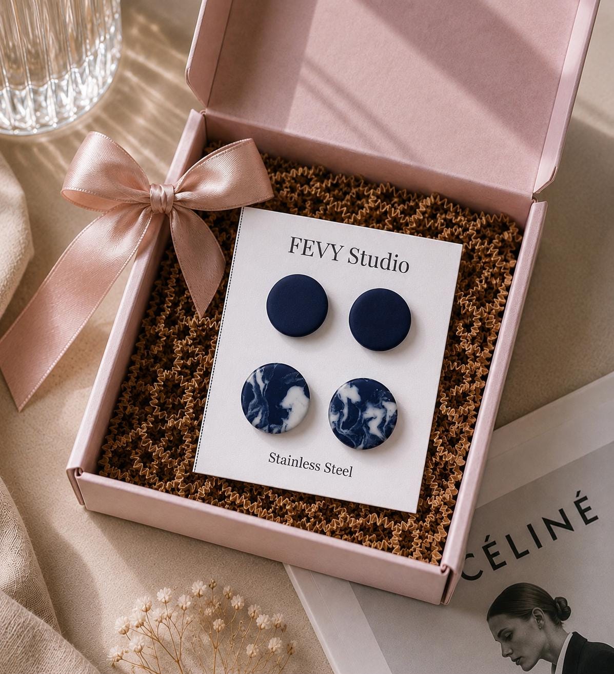 Navy Blue Polymer Clay Stud Earrings Set, Marbled Minimalist Lightweight Jewelry