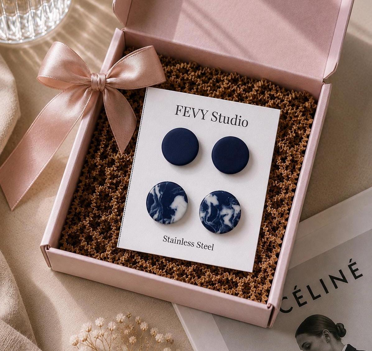 Handmade Navy Blue Marbled Polymer Clay Stud Earrings, Minimalist Chic Set