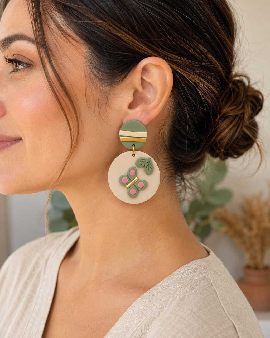 Asymmetrical Butterfly Clay Earrings, Sage Green Dangle Nature Jewelry