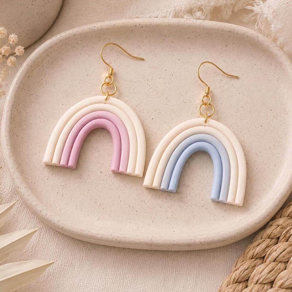 Pastel Rainbow Dangle Earrings – Handmade Polymer Clay, 18K Gold Plated Hooks