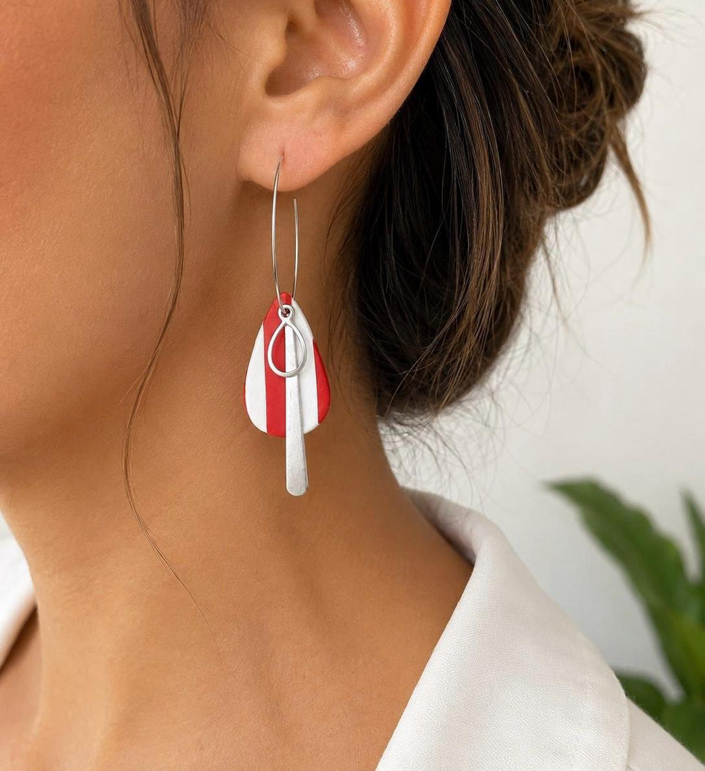 Red White Polymer Clay Dangle Earrings | Modern Statement Hoop Jewelry