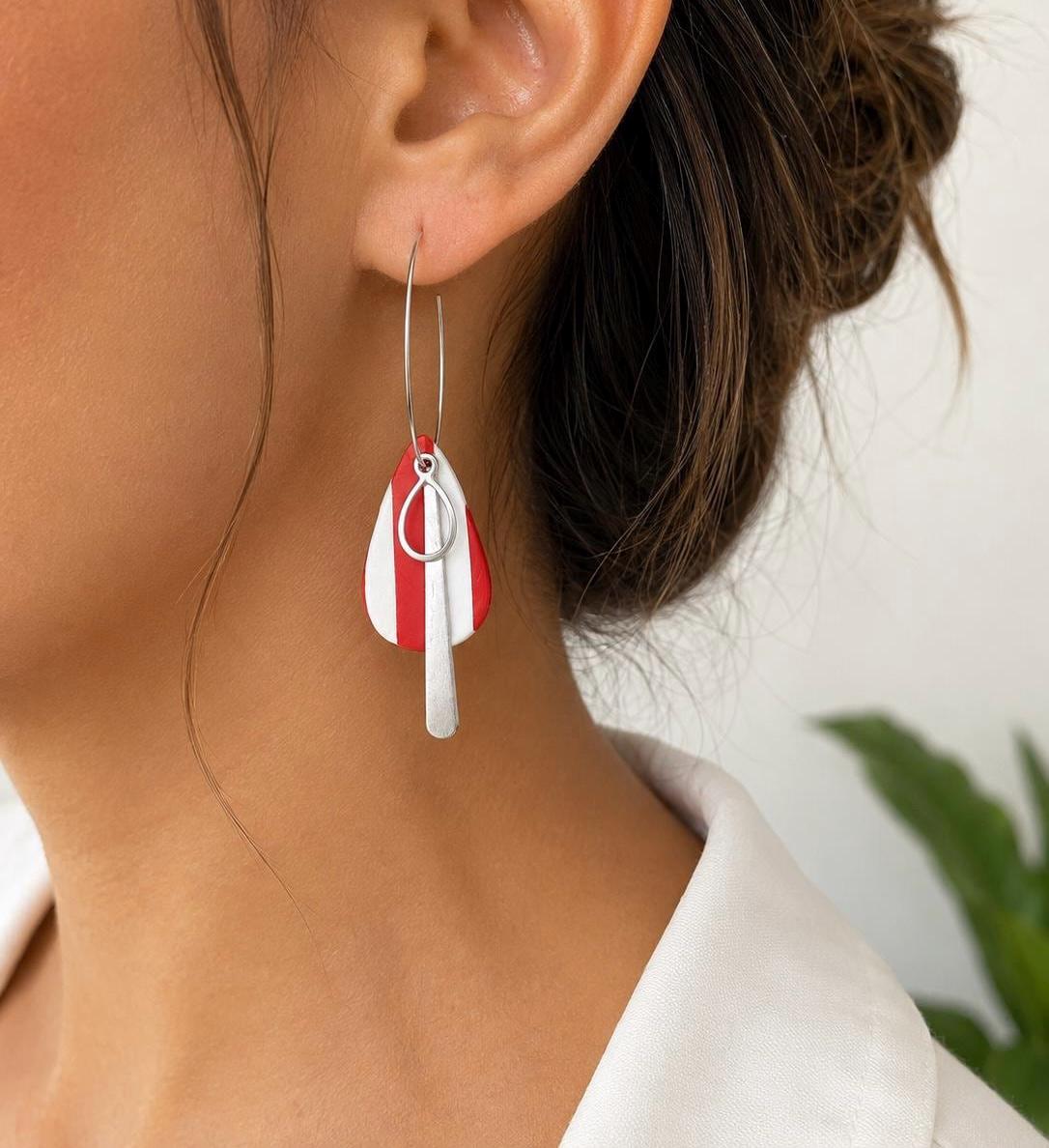 Red White Polymer Clay Dangle Earrings | Modern Statement Hoop Jewelry