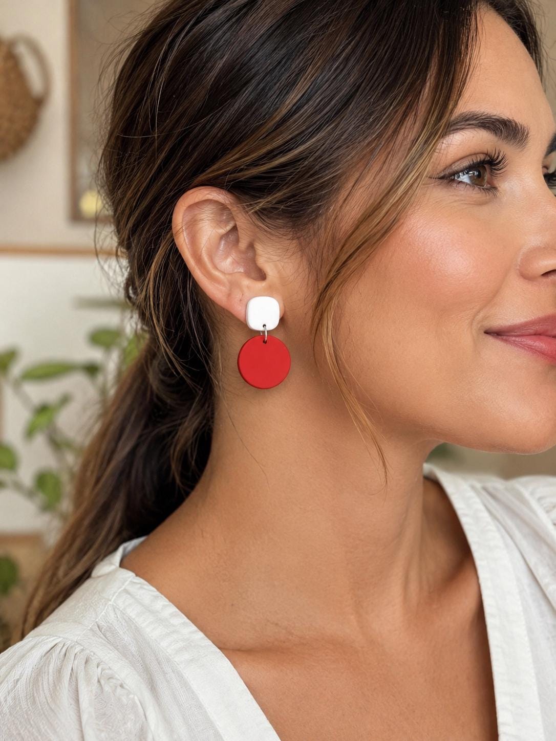 Tomato Red White Polymer Clay Earrings | Modern Minimalist Dangle Statement Jewelry