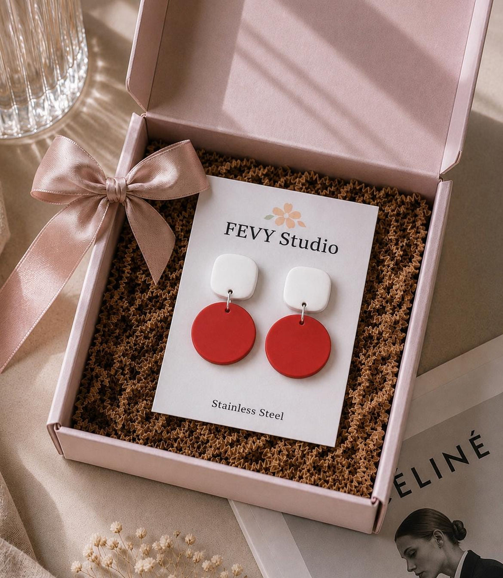 Tomato Red White Polymer Clay Earrings | Modern Minimalist Dangle Statement Jewelry