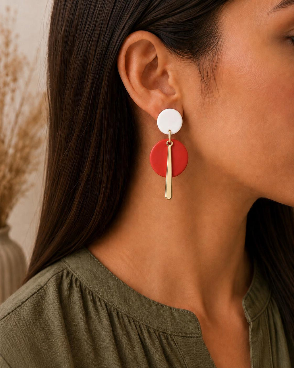 Modern Red White Geometric Polymer Clay Earrings | Gold Minimalist Statement Dangle