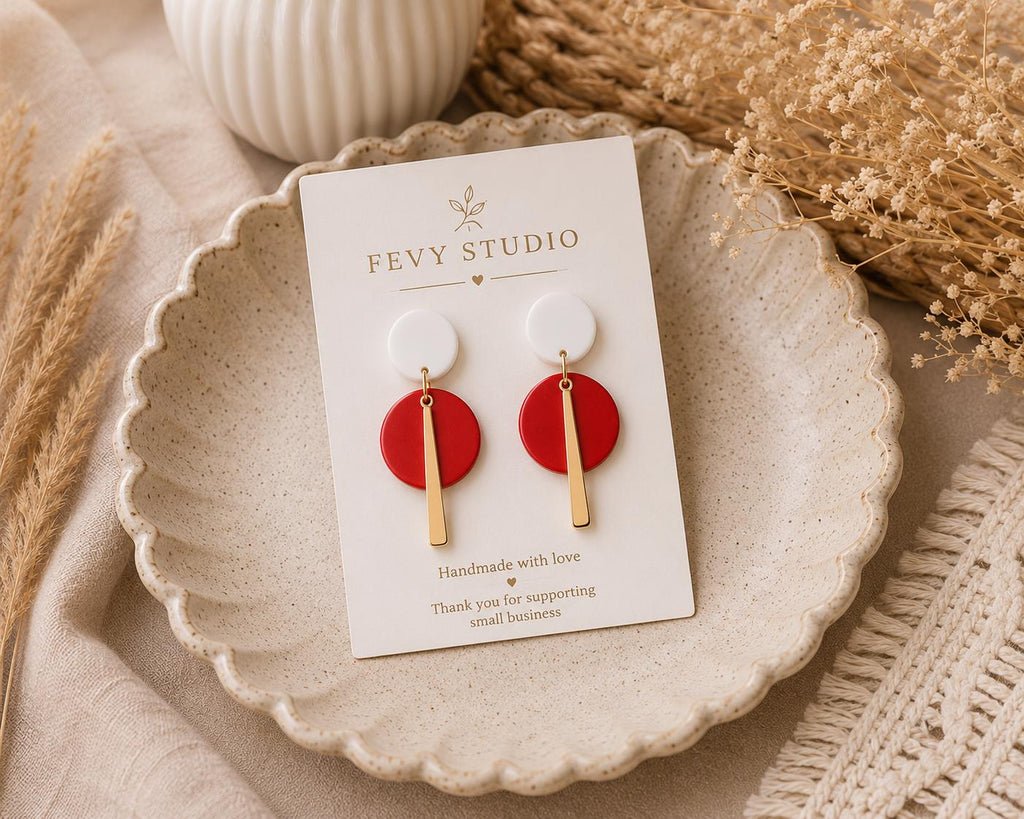 Modern Red White Geometric Polymer Clay Earrings | Gold Minimalist Statement Dangle
