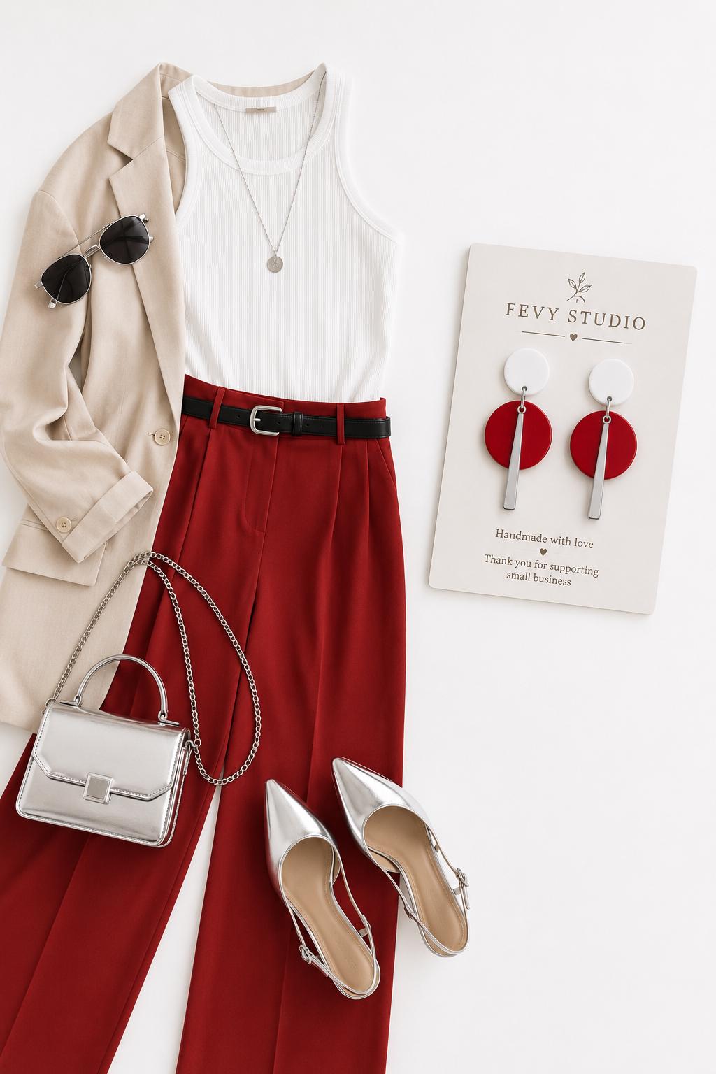 Modern Red White Geometric Polymer Clay Earrings | Gold Minimalist Statement Dangle