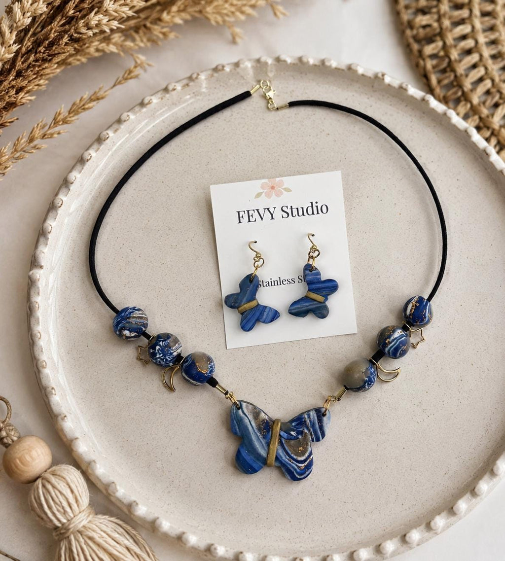 Handmade Blue Butterfly Necklace Earrings Set, Marbled Polymer Clay Jewelry, Celestial Boho Style