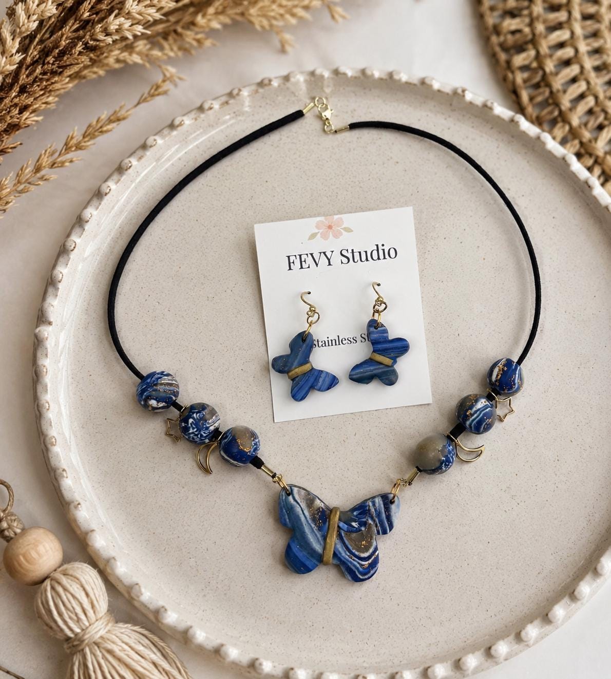 Handmade Blue Butterfly Necklace Earrings Set, Marbled Polymer Clay Jewelry, Celestial Boho Style