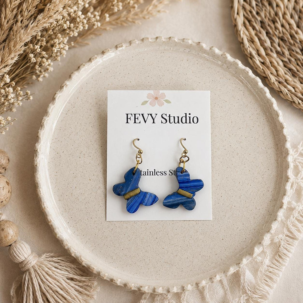 Handmade Blue Butterfly Necklace Earrings Set, Marbled Polymer Clay Jewelry, Celestial Boho Style