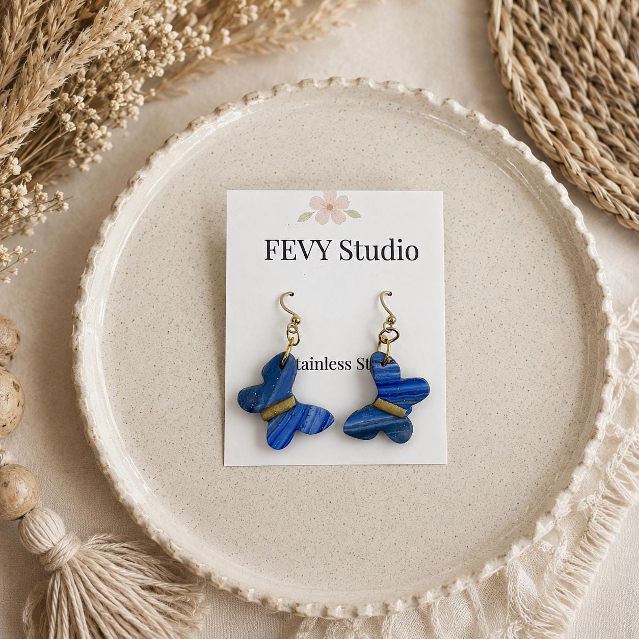 Handmade Blue Butterfly Necklace Earrings Set, Marbled Polymer Clay Jewelry, Celestial Boho Style