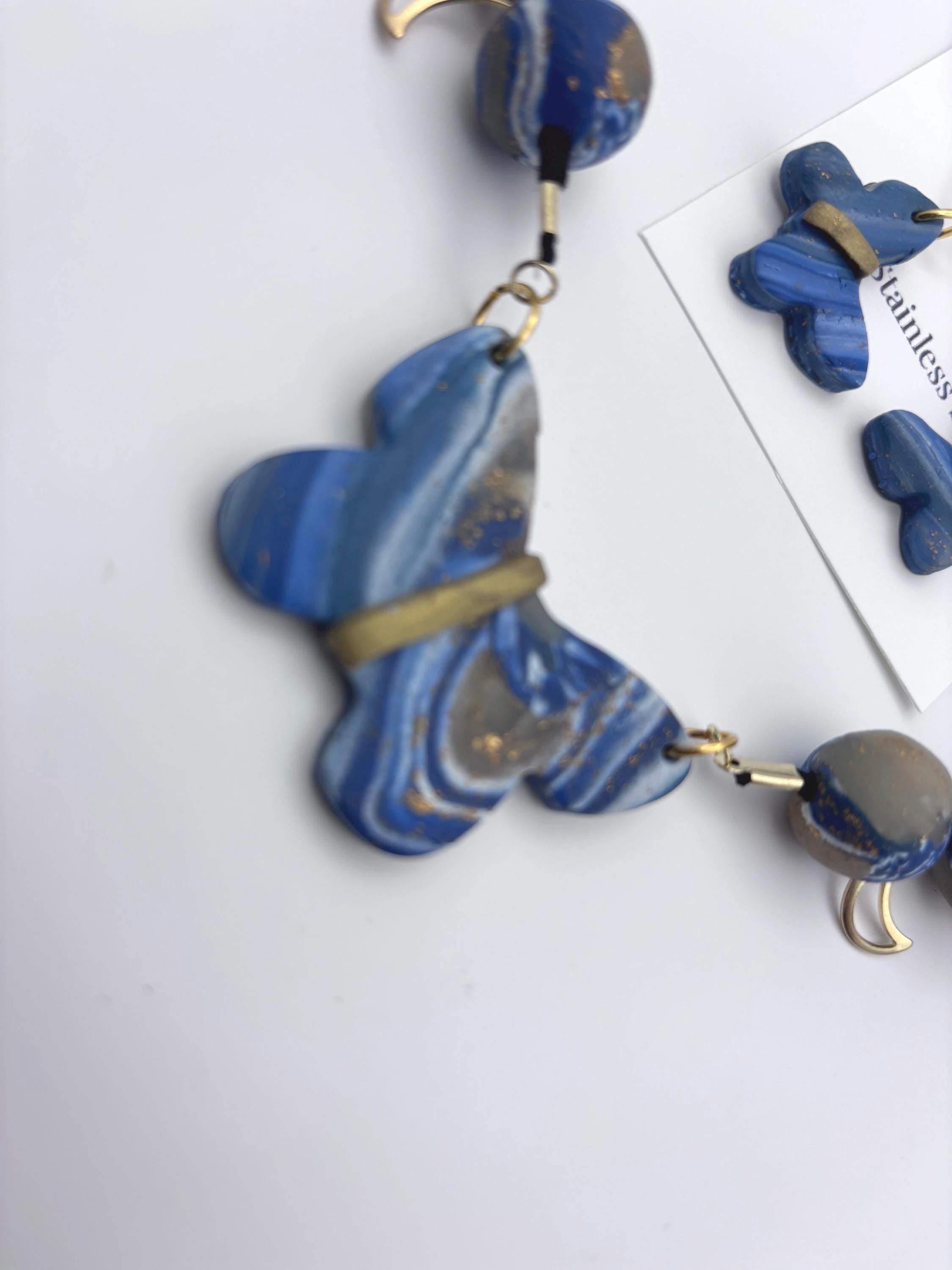 Handmade Blue Butterfly Necklace Earrings Set, Marbled Polymer Clay Jewelry, Celestial Boho Style