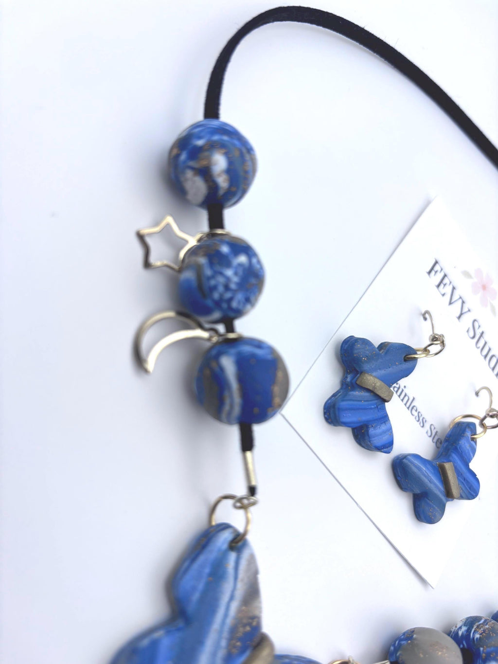 Handmade Blue Butterfly Necklace Earrings Set, Marbled Polymer Clay Jewelry, Celestial Boho Style