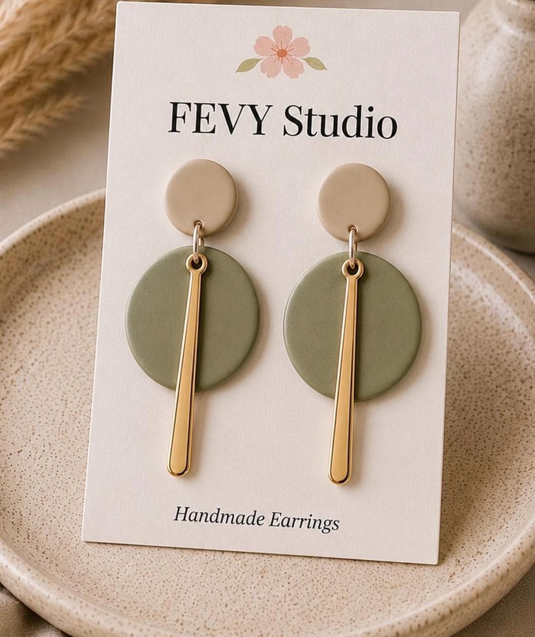 Sage Green Geometric Polymer Clay Earrings, Minimalist Gold Bar Dangle