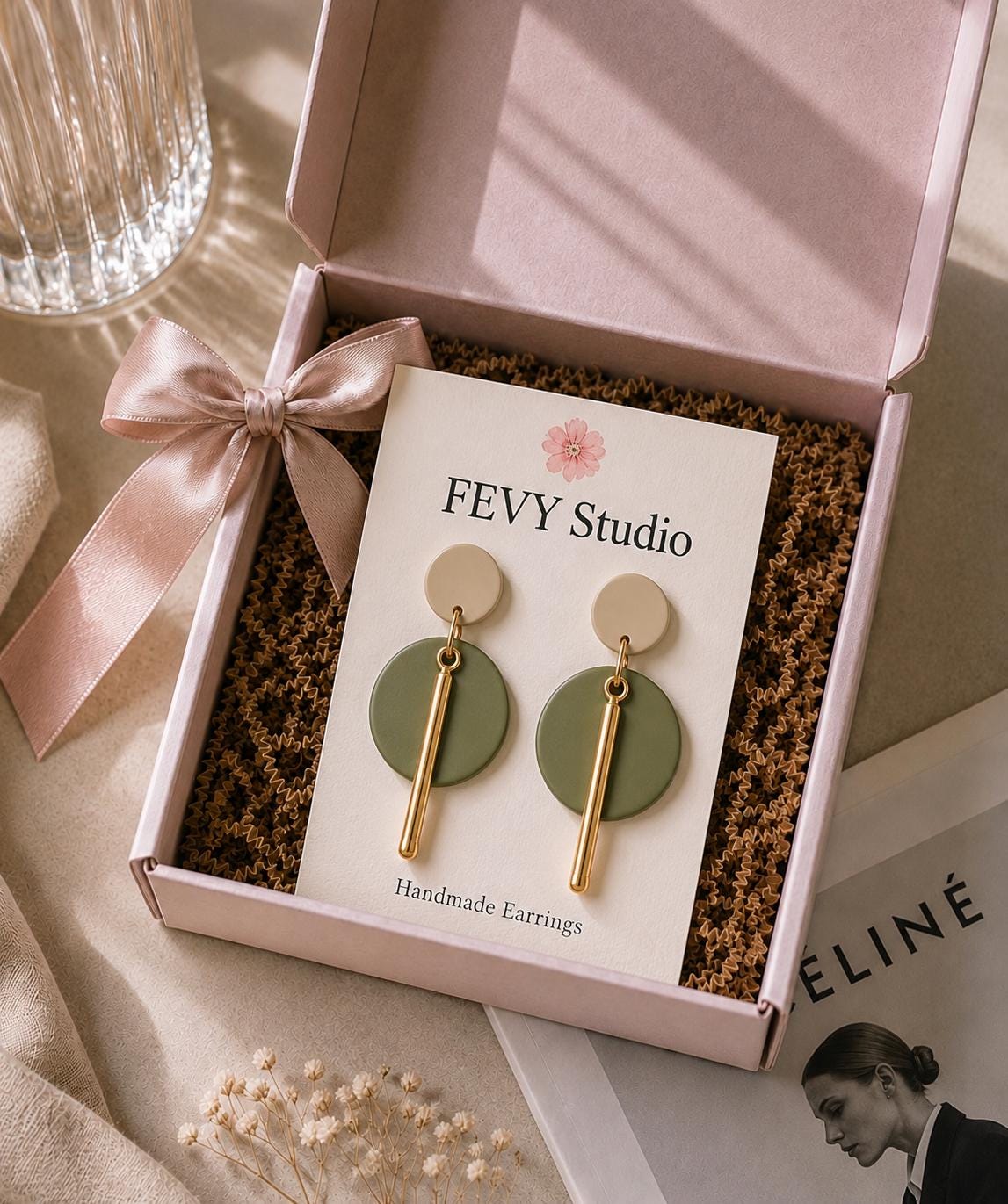 Sage Green Geometric Polymer Clay Earrings, Minimalist Gold Bar Dangle