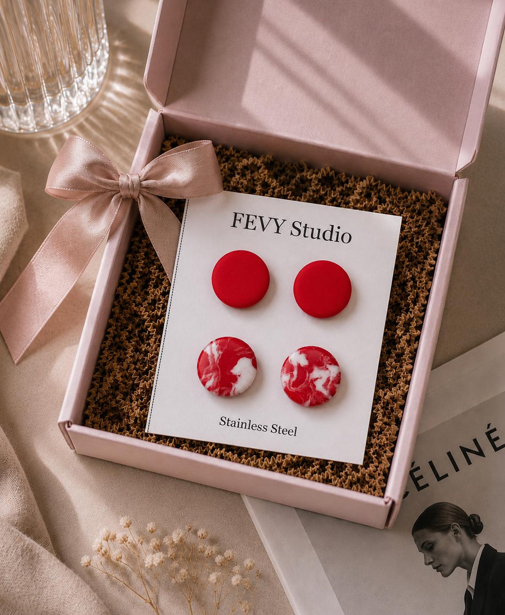 Tomato Red Polymer Clay Stud Earrings Set, Handmade Red & White Marble Studs, Lightweight Stainless Steel Earrings, Gift for Her
