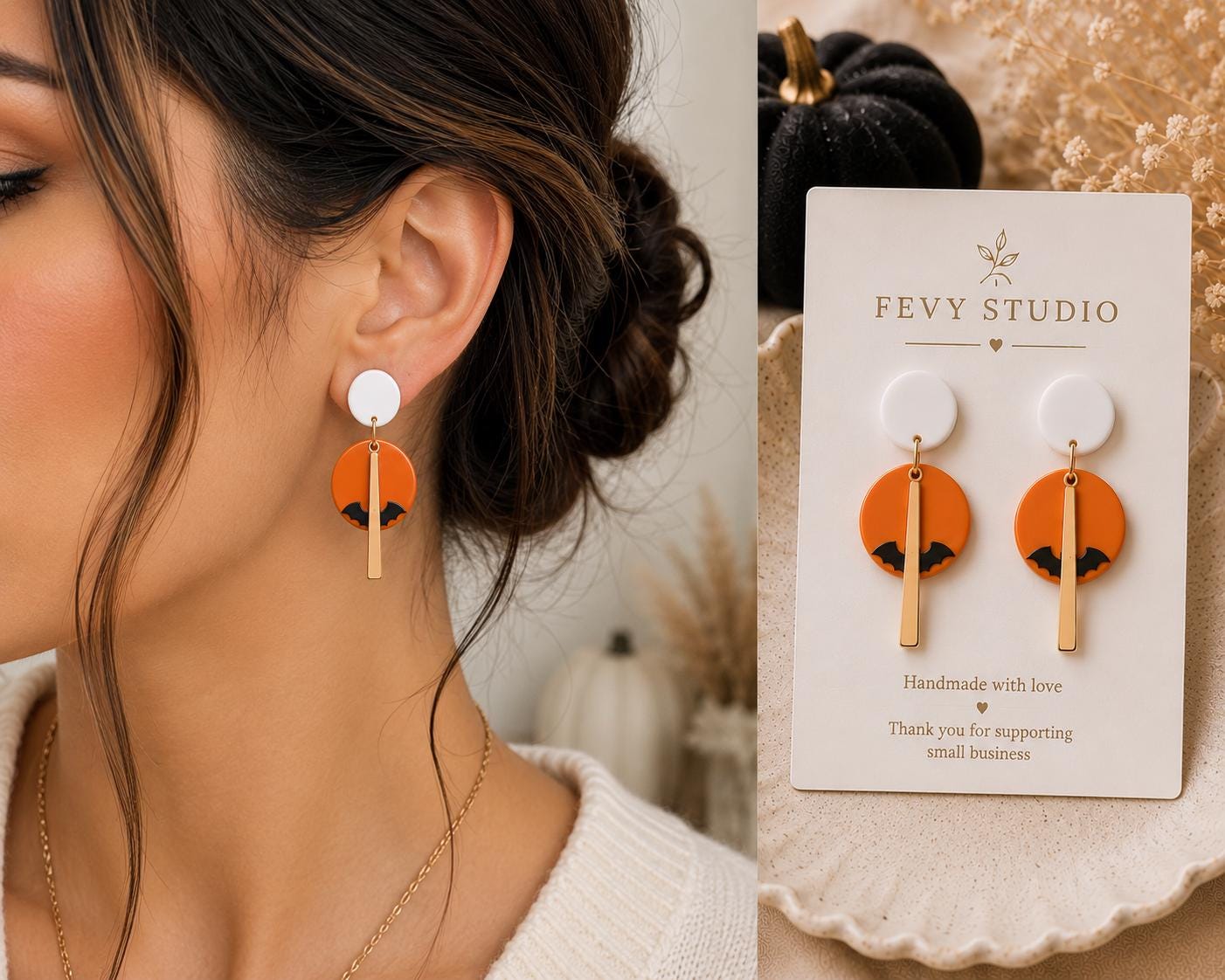 Handmade Polymer Clay Bat Earrings, Orange Black Halloween Dangle Jewelry