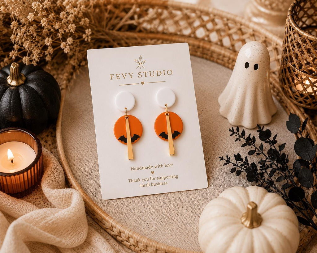 Handmade Polymer Clay Bat Earrings, Orange Black Halloween Dangle Jewelry