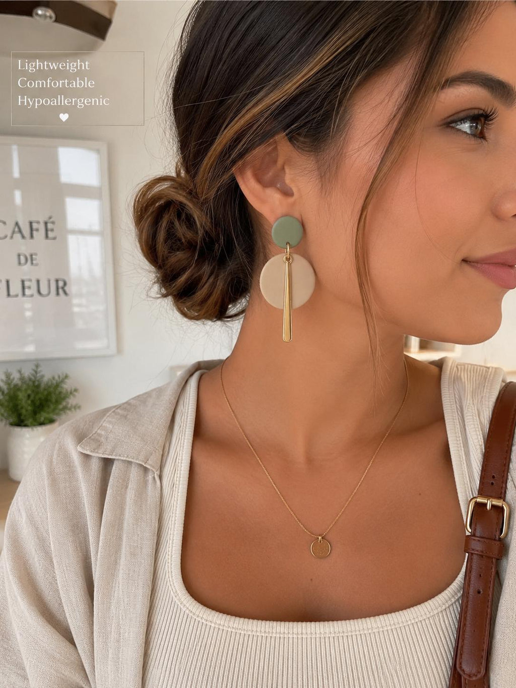 Sage Green Beige Polymer Clay Dangle Earrings, Modern Minimalist Gold Statement Handmade