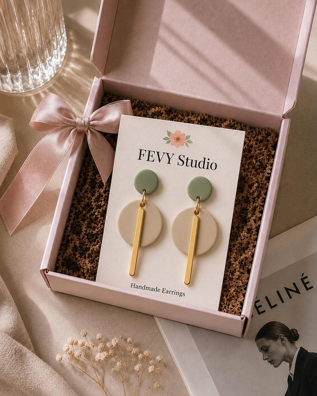 Sage Green Beige Polymer Clay Dangle Earrings, Modern Minimalist Gold Statement Handmade