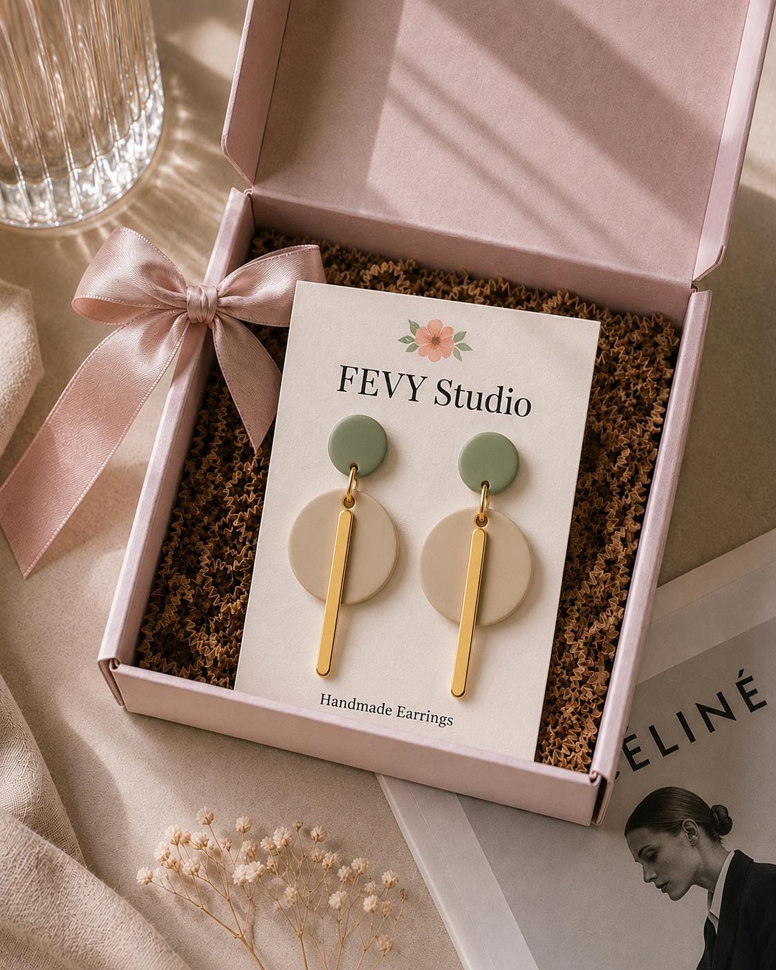Sage Green Beige Polymer Clay Dangle Earrings, Modern Minimalist Gold Statement Handmade